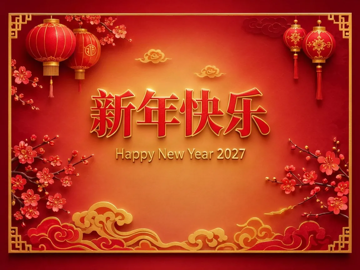 Red and gold new year card with the Chinese characters 新年快乐 and the line Happy New Year 2027