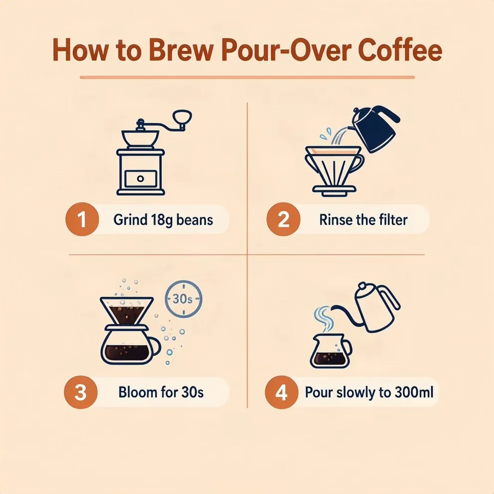 Four-step infographic titled How to Brew Pour-Over Coffee
