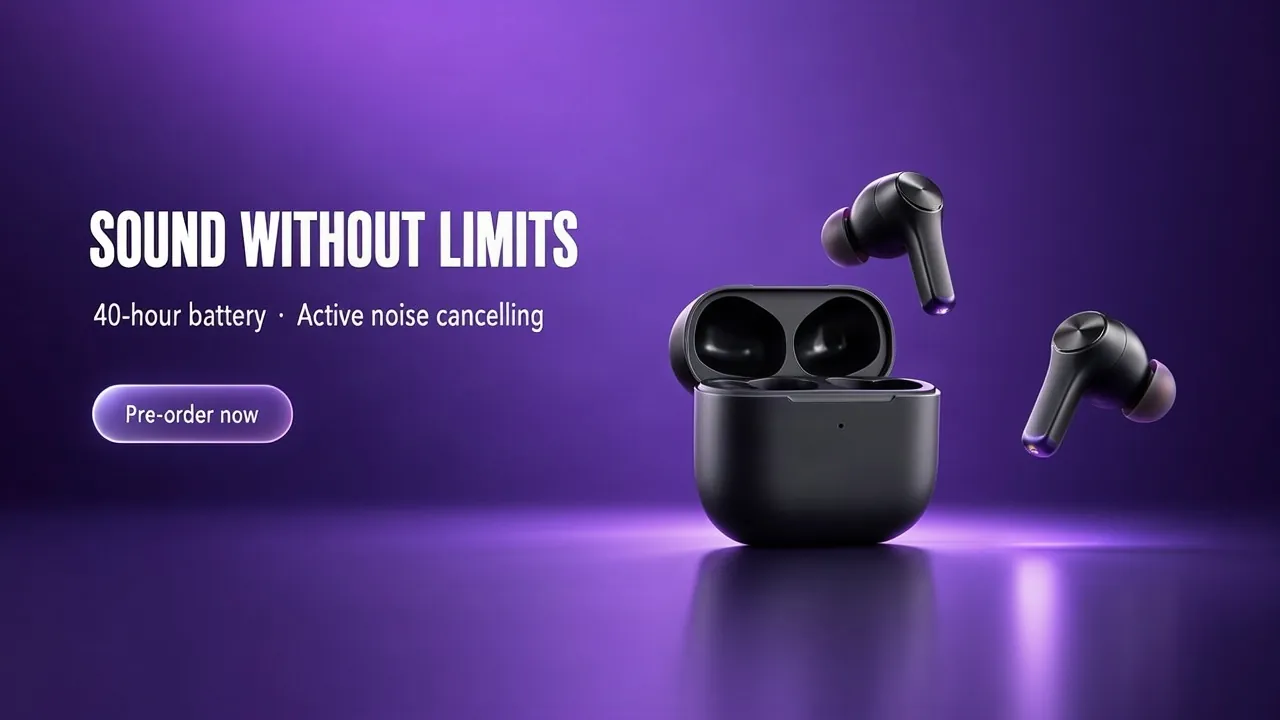 Wide banner for wireless earbuds with the headline SOUND WITHOUT LIMITS and a Pre-order now button