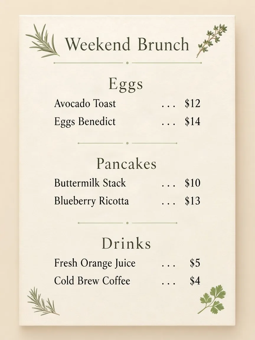 Weekend brunch menu with Eggs, Pancakes and Drinks sections and prices