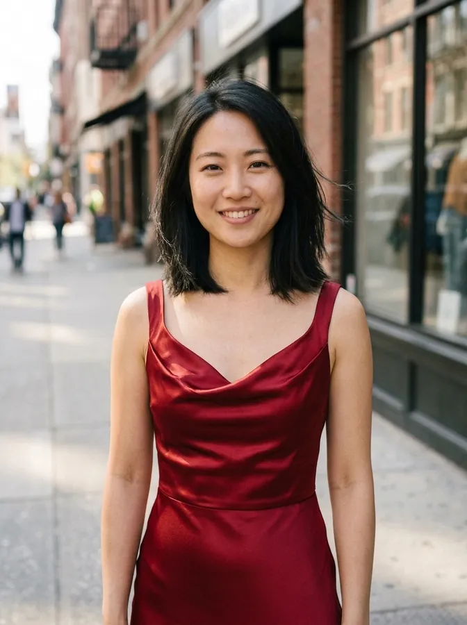 The same woman in a red satin evening dress, made with the AI clothes changer
