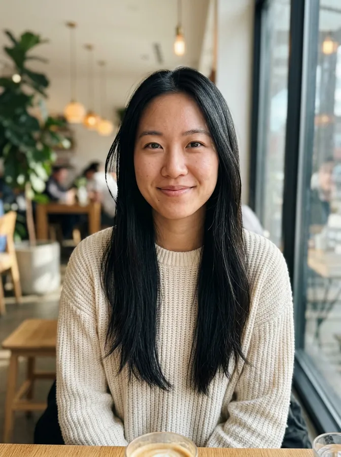 AI-generated portrait of a young East Asian woman with long straight black hair in a cafe
