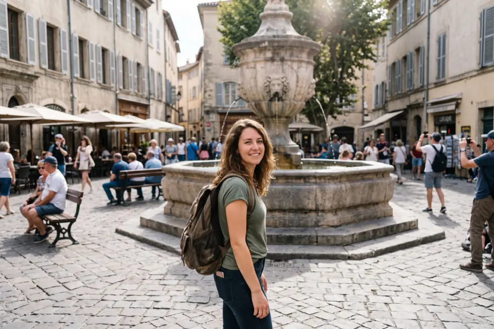 Travel photo of a woman in front of a fountain in a busy town square with tourists in the background